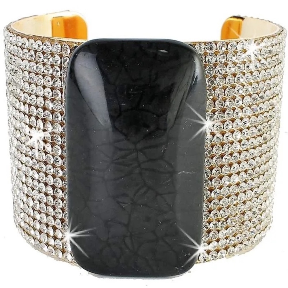 HUGE Pave Set Crystal cz Black Onyx Gemstone Bangle Cuff Statement Bracelet Gold